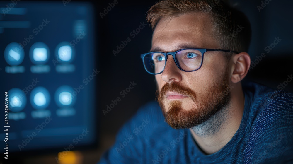 Poster introspective man in glasses concentrating on computer screen in dimmed environment