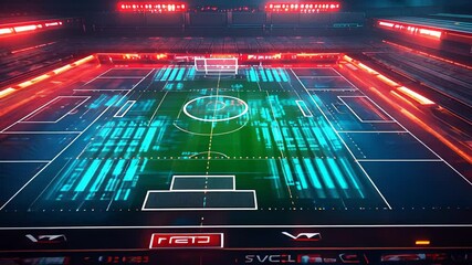 Futuristic digital sports stadium with glowing lines and data visualizations for e-sports and virtual reality championships footage. - Powered by Adobe