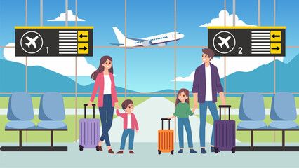 Family of Four at Airport with Luggage and Airplane – Travel Vector Illustration.