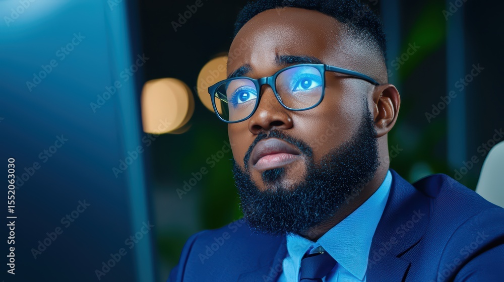 Poster focused business professional engaged in deep thought while working on a computer in a modern office