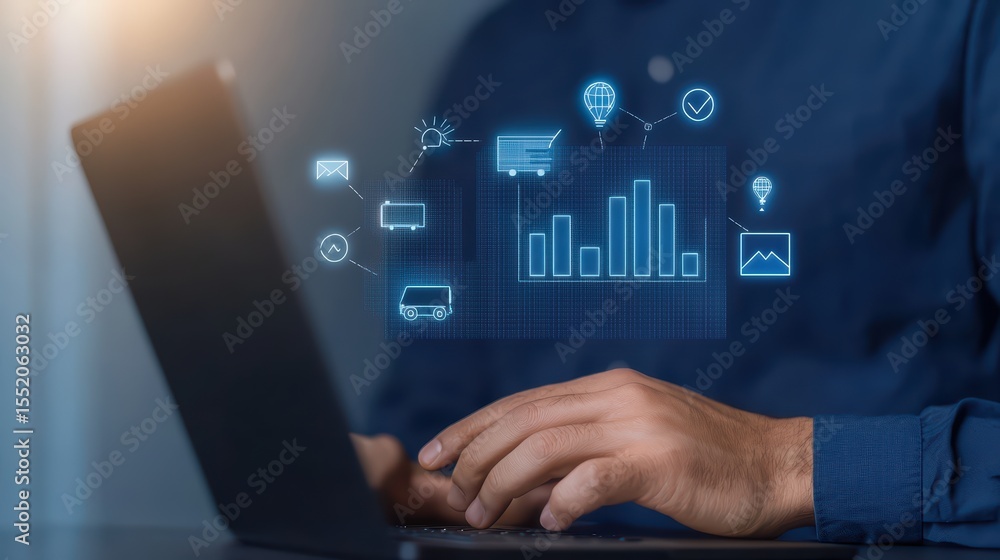 Aufkleber modern businessman analyzing data on laptop with digital graphs and icons in background