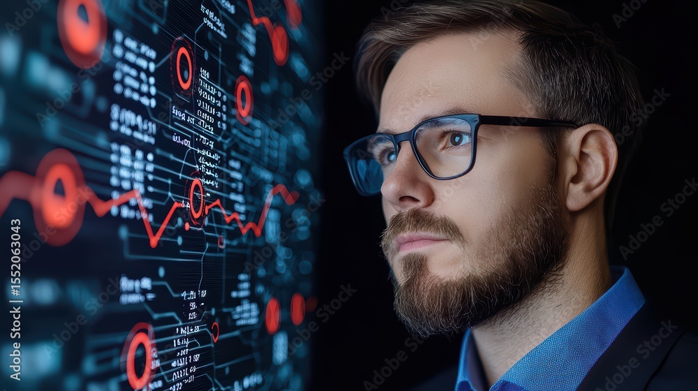 Poster focused man analyzing data charts and information on digital screen in modern office environment