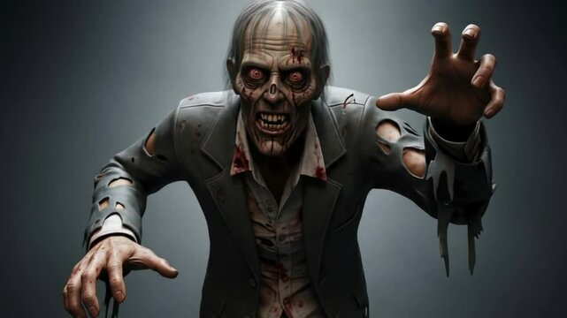 Terrifying zombie figure in motion &ndash; decaying undead horror with gory details