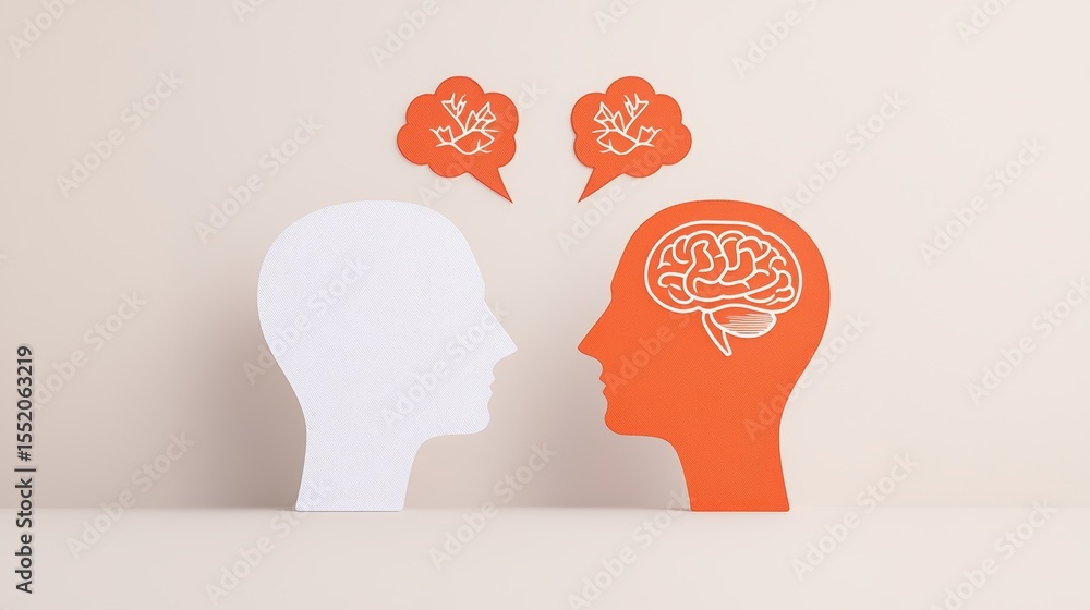 Poster interaction between two heads representing thought processes and communication in conceptual art