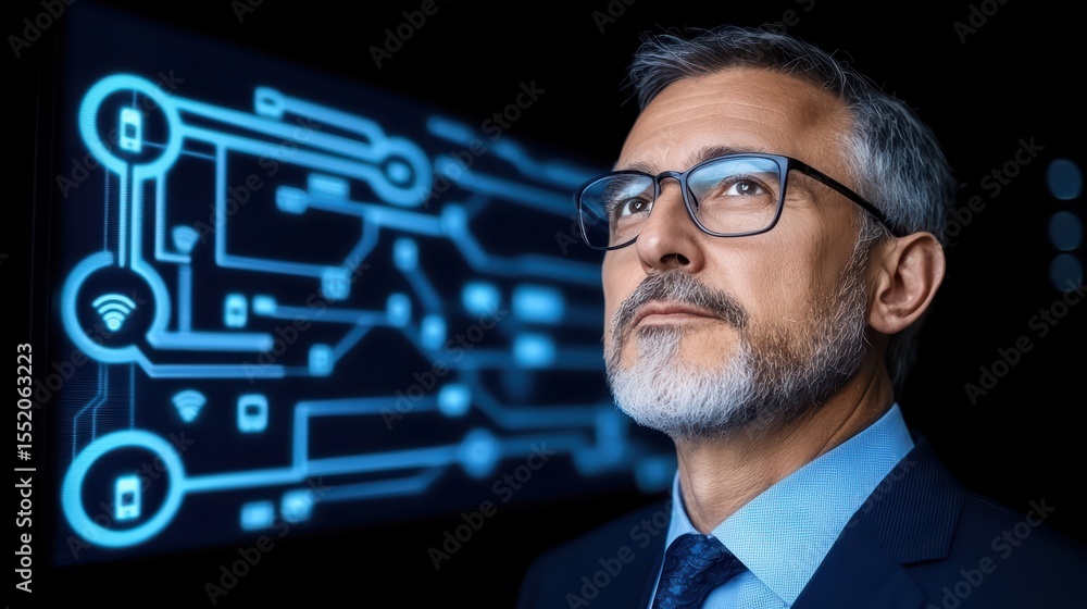 Poster businessman analyzing digital data trends with circuit board graphics in background
