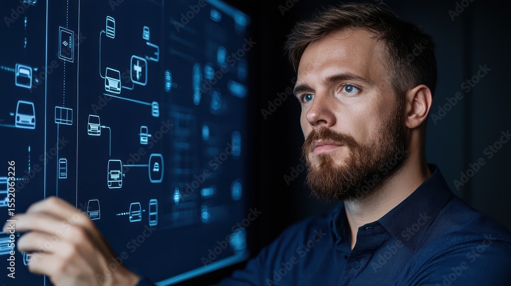 Poster professional man engaged in data analysis with digital interface in modern workspace environment
