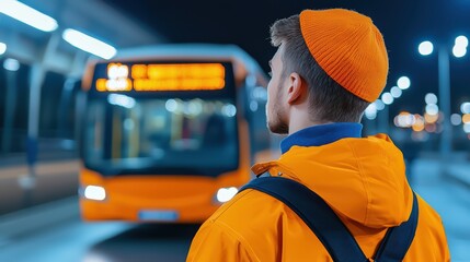 Young man in orange jacket and hat waiting for bus at night in urban environment with illuminated city lights