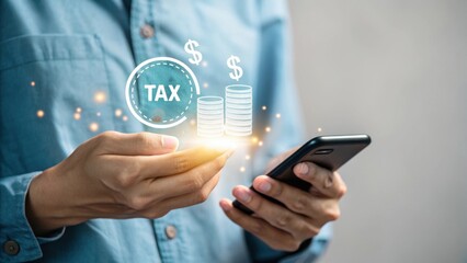 Person using phone with tax and money graphic overlayed
