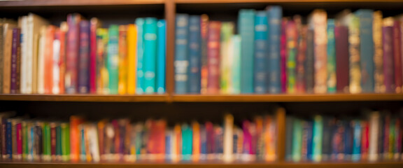 Blurred Bookshelf with Vibrant Colorful Books on Display