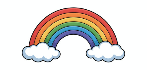 Vibrant cartoon rainbow with fluffy clouds on a white background