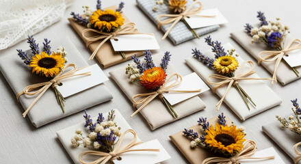 Craft scene with blank tags, dried flowers, and fabric textures styled as gift toppers 