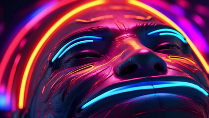 Vivid Neon Face With Futuristic Light Patterns in Abstract Style