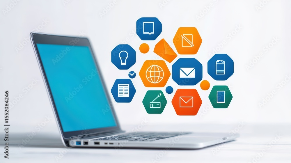 Poster modern laptop displaying colorful digital icons representing communication and technology concepts w
