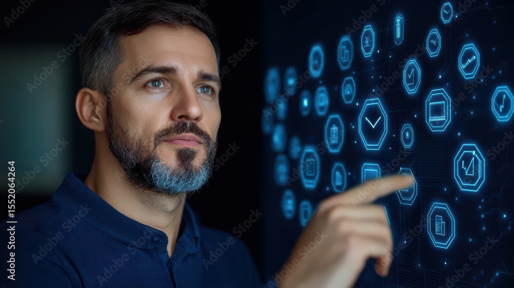 Poster businessman interacting with futuristic digital interface displaying various technology and data vis
