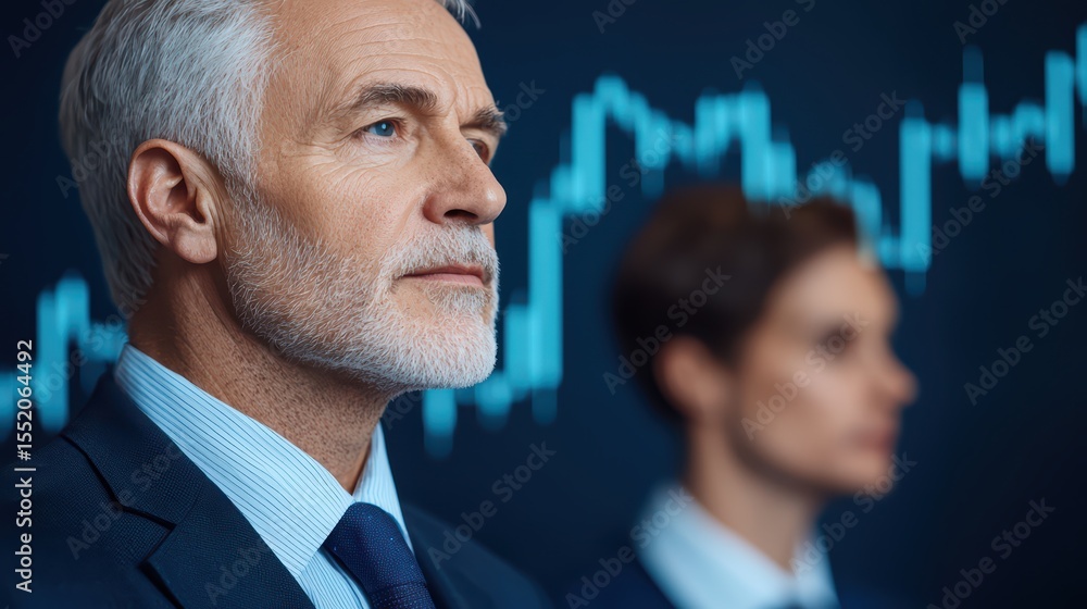 Poster executive mentor and young professional analyzing data with financial graph background in office set
