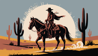 Silhouetted Cowboy on Horseback Against Full Moon – Western Desert Digital Art