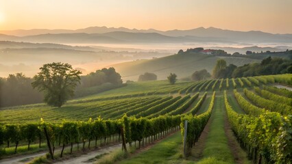 Golden Hour Sunrise Over Lush Rolling Vineyard Hills with Misty Valley Below and Distant Mountains