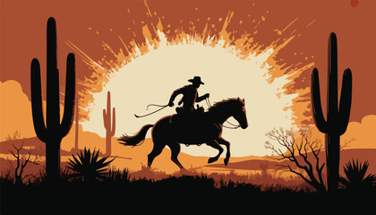 Silhouetted Cowboy on Horseback Against Full Moon – Western Desert Digital Art