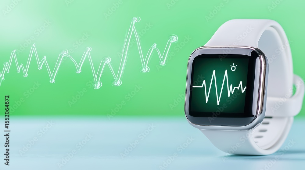Poster modern smartwatch with heart rate monitor display and graph on green background for health and fitne