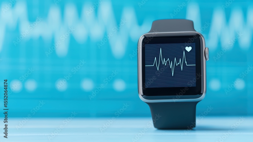 Poster smartwatch displaying heartbeat graphic with blue background and pulse measurement for health monito