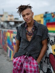 Young man with dreadlocks wearing colorful jewelry and casual clothing standing near painted graffiti wall outdoors