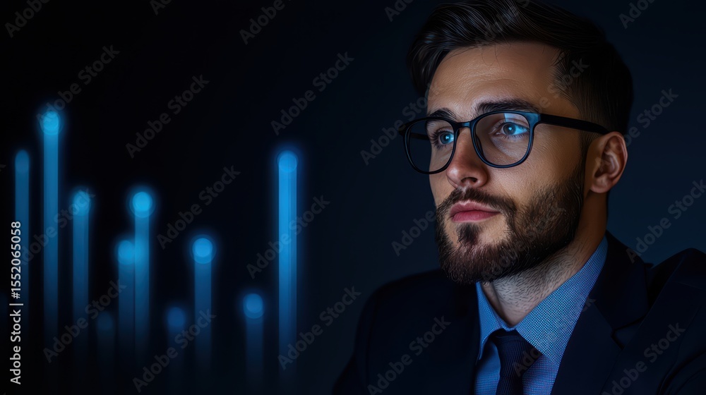 Poster thoughtful business professional analyzing data trends in dark background with graphical representat