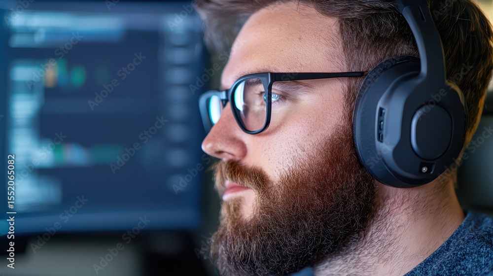 Aufkleber focused young man wearing headphones engaged in programming work on a computer in a modern workspace