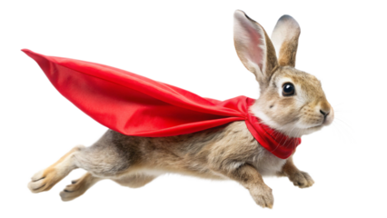 Brown rabbit wearing a red superhero cape and scarf flying with paws outstretched isolated on a transparent background