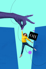 Sketch contemporary art photo collage of happy girl guy fly hand control marionette exploitation oh...