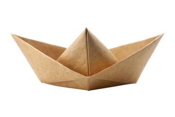 Brown paper boat origami folded from recycled kraft paper on a black background isolated on a transparent background