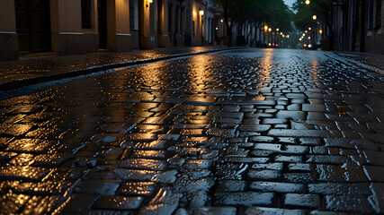 Cobblestone street wet after rain, reflecting soft streetlight glow in twilight