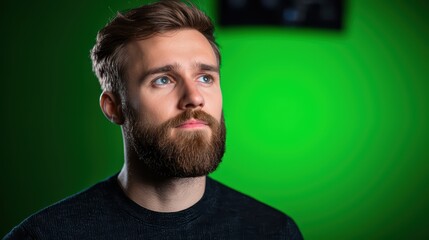 Thoughtful young man with beard and blue eyes against a vibrant green background with soft lighting