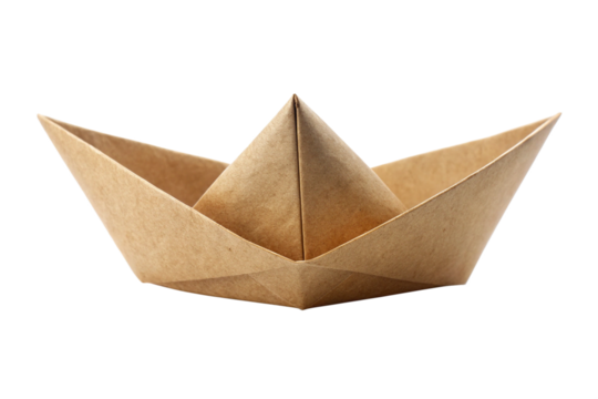 Brown paper boat origami folded from recycled kraft paper on a black background isolated on a transparent background
