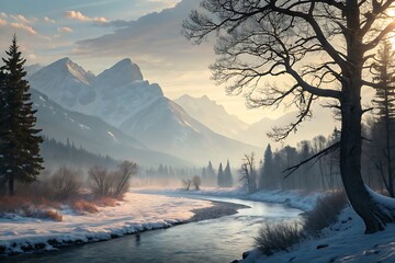 Serene winter river valley majestic mountains sunrise