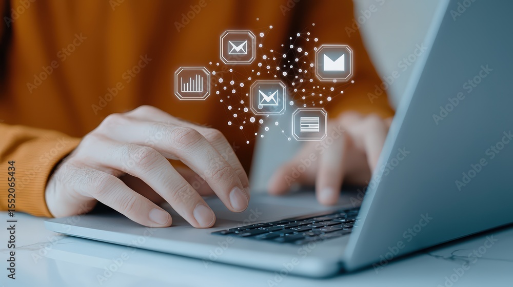 Poster hands typing on laptop with floating communication icons representing digital interaction and connec