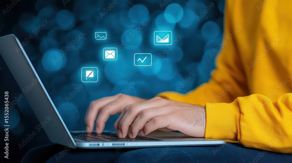 Poster hands typing on laptop with floating digital icons representing communication and technology in soft