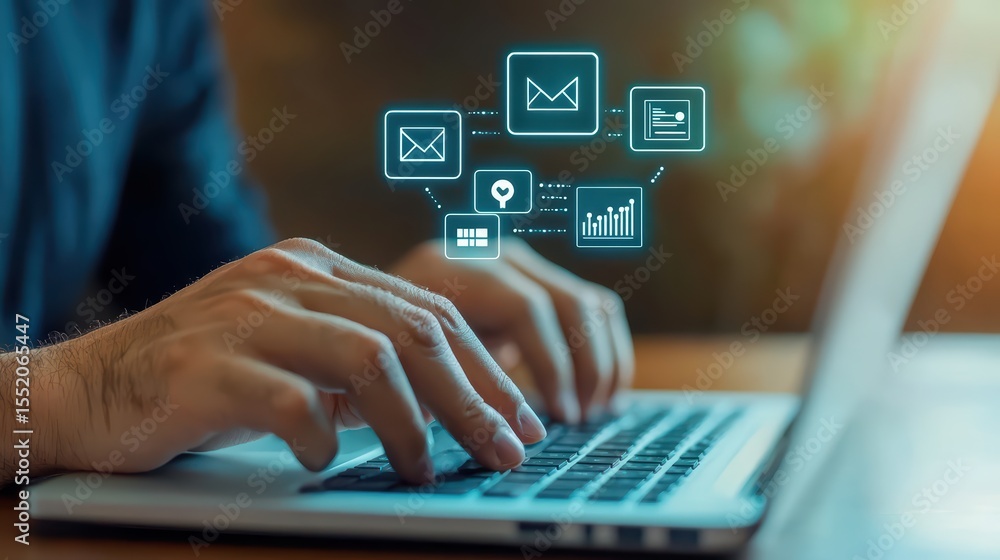 Poster hands typing on laptop with digital icons representing data and communication concepts in a modern w