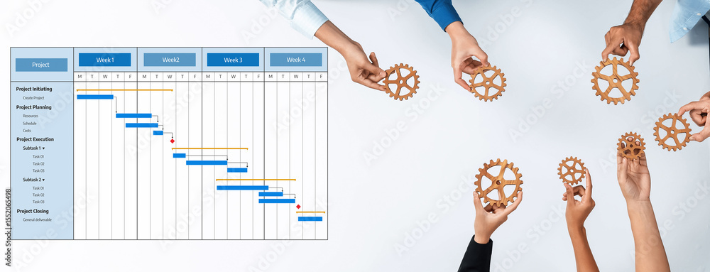 Poster This image illustrates a collaborative approach to project management with hands holding gears and a Gantt chart, highlighting teamwork and effective planning strategies. Amity