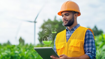 Young Engineer in Safety Gear Using Tablet in Agricultural Field with Wind Turbines in the Background