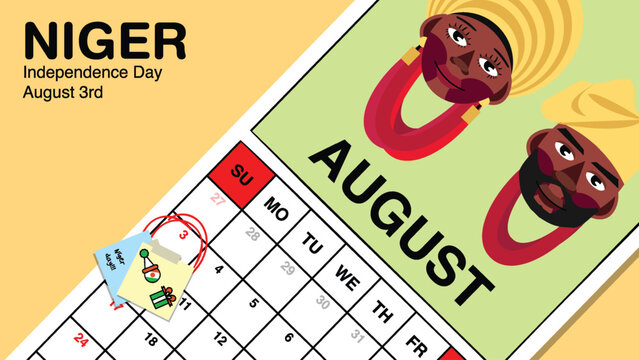 Niger Independence Day reminder on August 3rd in a wall calendar with illustrative people wearing the nation's traditional attire.