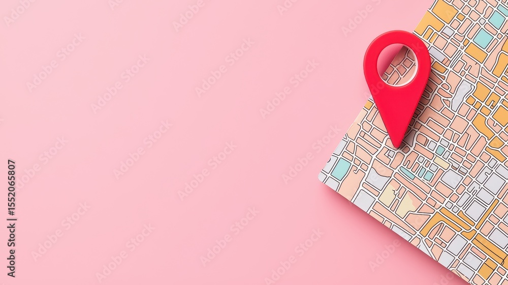Poster brightly colored map with red location pin on pink background for navigation and travel concepts