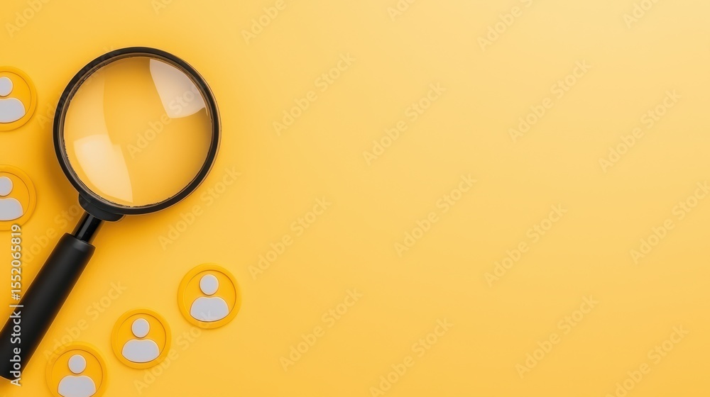 Poster magnifying glass on bright yellow surface with user icons and empty space for business or research c