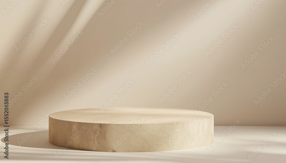 Poster luxurious stone display stand on soft beige backdrop with elegant shadow play, ideal for highlightin