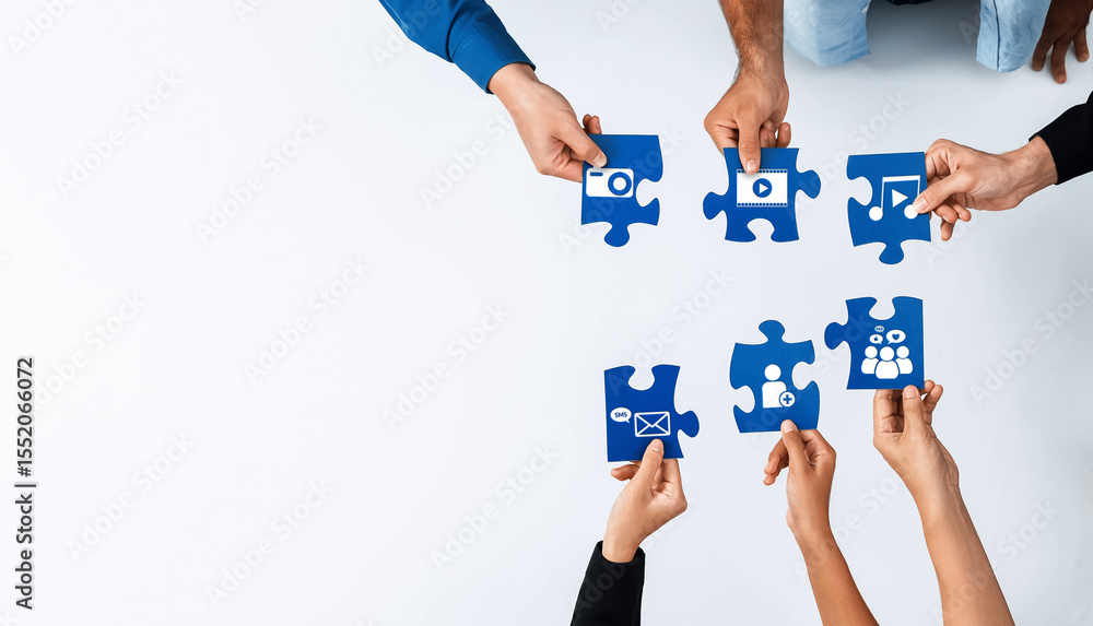 Poster Collaborative Teamwork on Media Projects with Puzzle Pieces Representing Different Aspects of Communication and Innovation in a Creative Environment. Amity