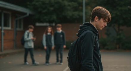 Teenage boy looking down while standing alone in schoolyard