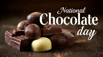 stockphoto, big white text "National Chocolate day" prominently displayed it the top op the photo. A few luxury pralines are in the lower part of the photo. Sweet chocolate truffles. Sweet food contai