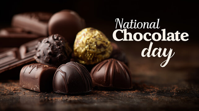 stockphoto, big white text "National Chocolate day" prominently displayed it the top op the photo. A few luxury pralines are in the lower part of the photo. Sweet chocolate truffles. Sweet food contai