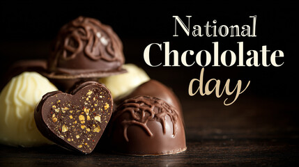 stockphoto, big white text "National Chocolate day" prominently displayed it the top op the photo. A few luxury pralines are in the lower part of the photo. Sweet chocolate truffles. Sweet food contai