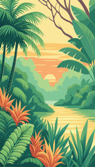 Beautiful Tropical Jungle Landscape with Sunset Sky. Vector illustration