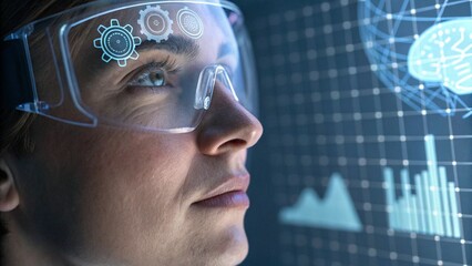 Close Up of Person With Floating HUD Showing Bar Graph, Dollar Sign, AI Brain, and Globe Grid